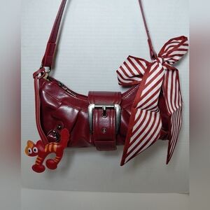 Elegant Red Shoulder Bag with Free Striped Bow and Cute Charm